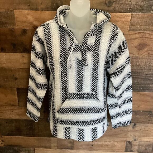 Earth Ragz Hoodie Unisex Black White Striped Baja Pullover Size Medium - Picture 12 of 12